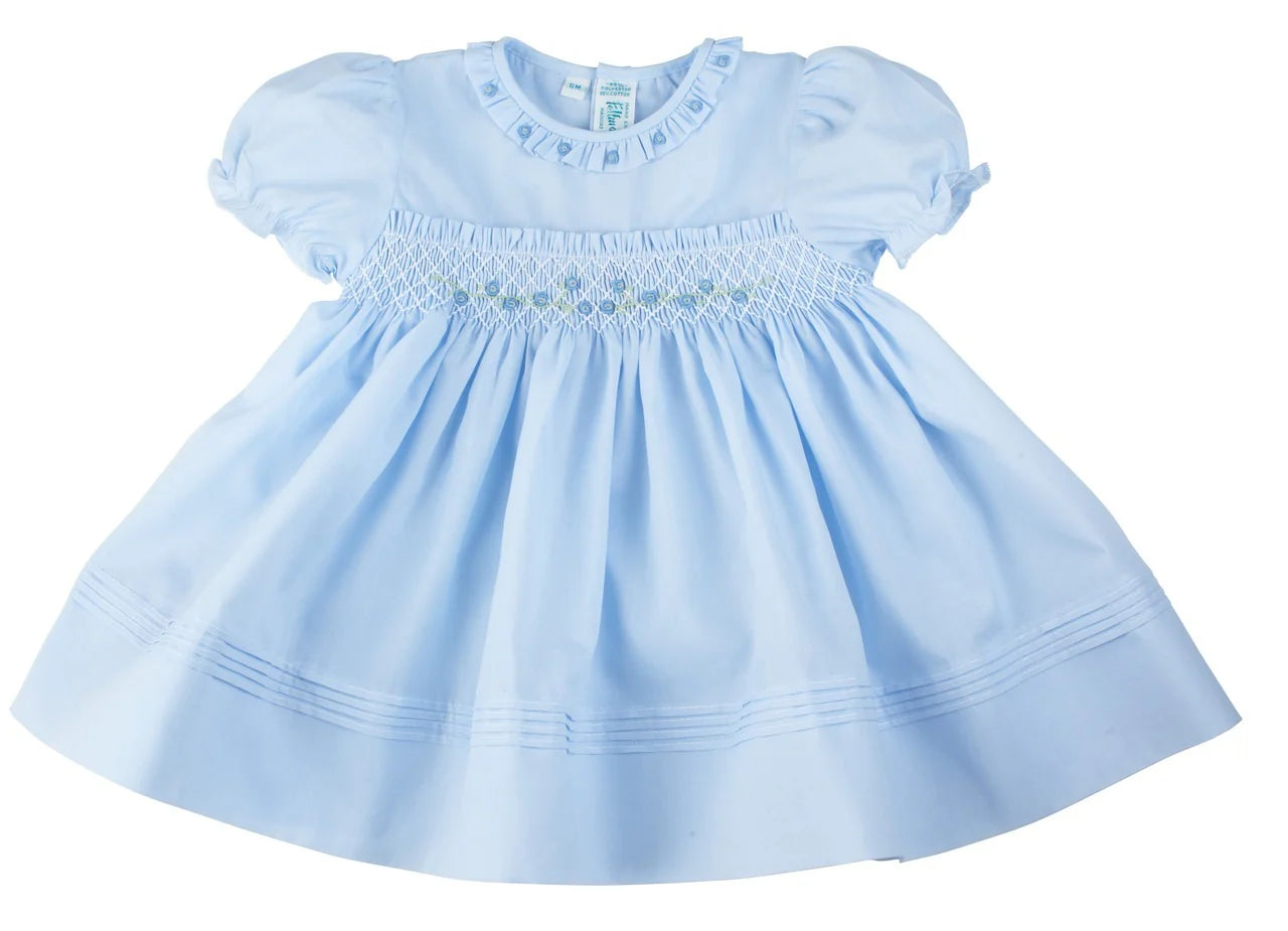 Vestido Rose Garden con Bordado Smock para Bebé Niña – Azul Cielo