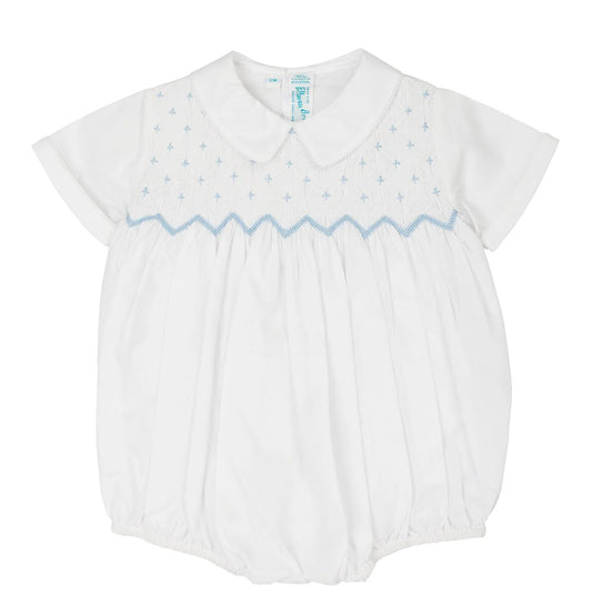 Enterizo Smock Diamante para Bebé Niño – Blanco con Azul