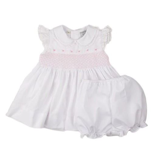Vestido Smock con Encaje y Manga Mariposa para Bebé Niña – Blanco