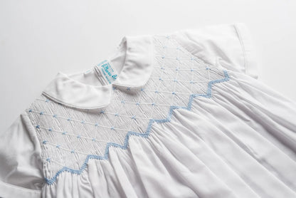 Enterizo Smock Diamante para Bebé Niño – Blanco con Azul