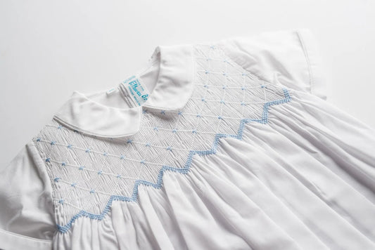 Enterizo Smock Diamante para Bebé Niño – Blanco con Azul