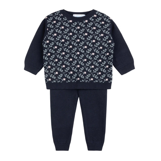 Conjunto de punto jacquard floral para niñas