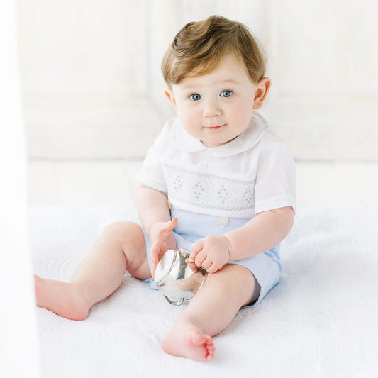 Bobby Suit Smock Diamante para Bebé Niño – Blanco y Azul