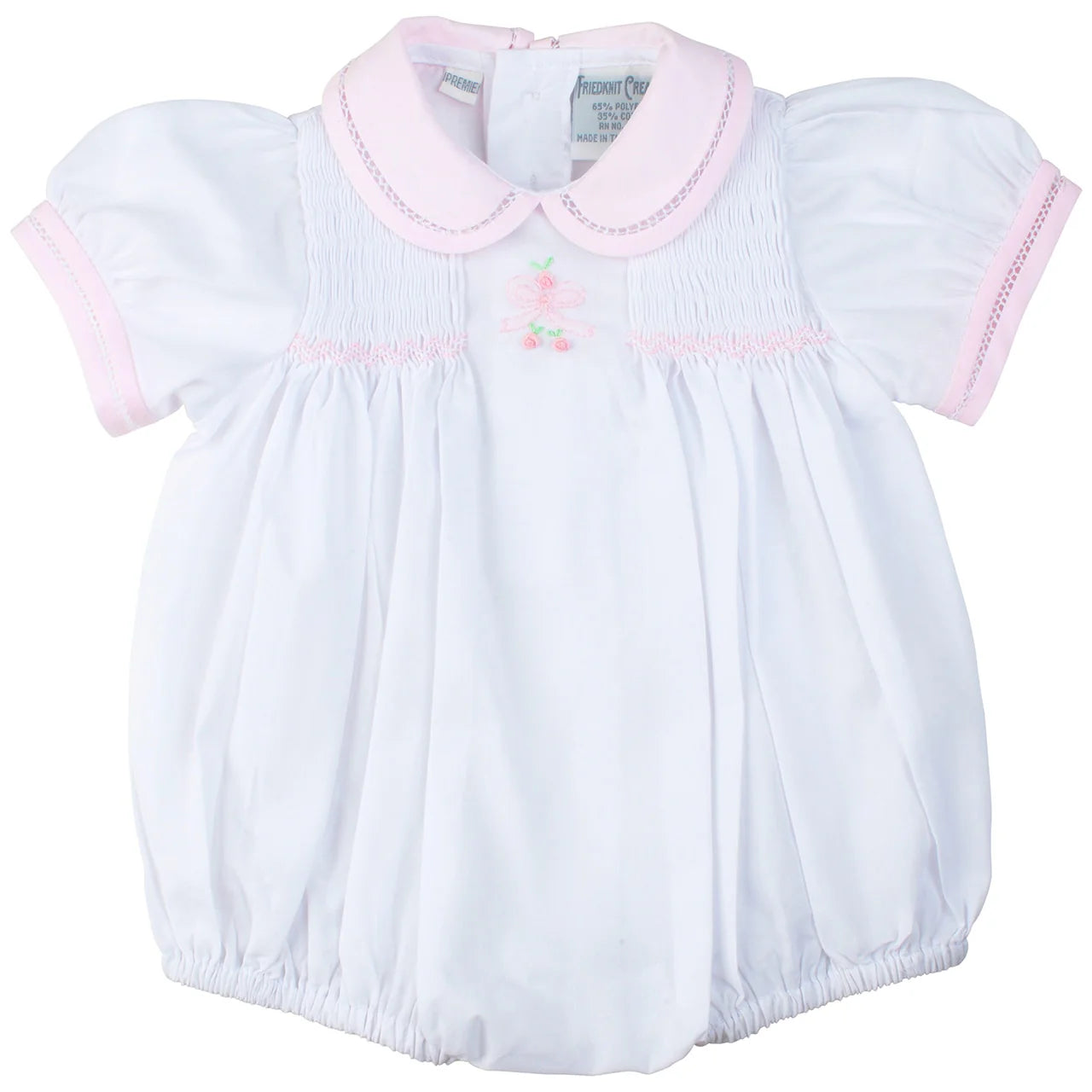 Bombachito Smock con Moño para Bebé Niña – Blanco con Detalles Rosa